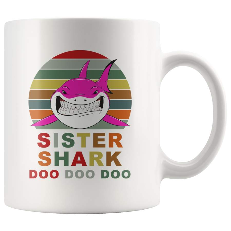 Vintage Retro Sister Shark doo doo doo white gift coffee mug