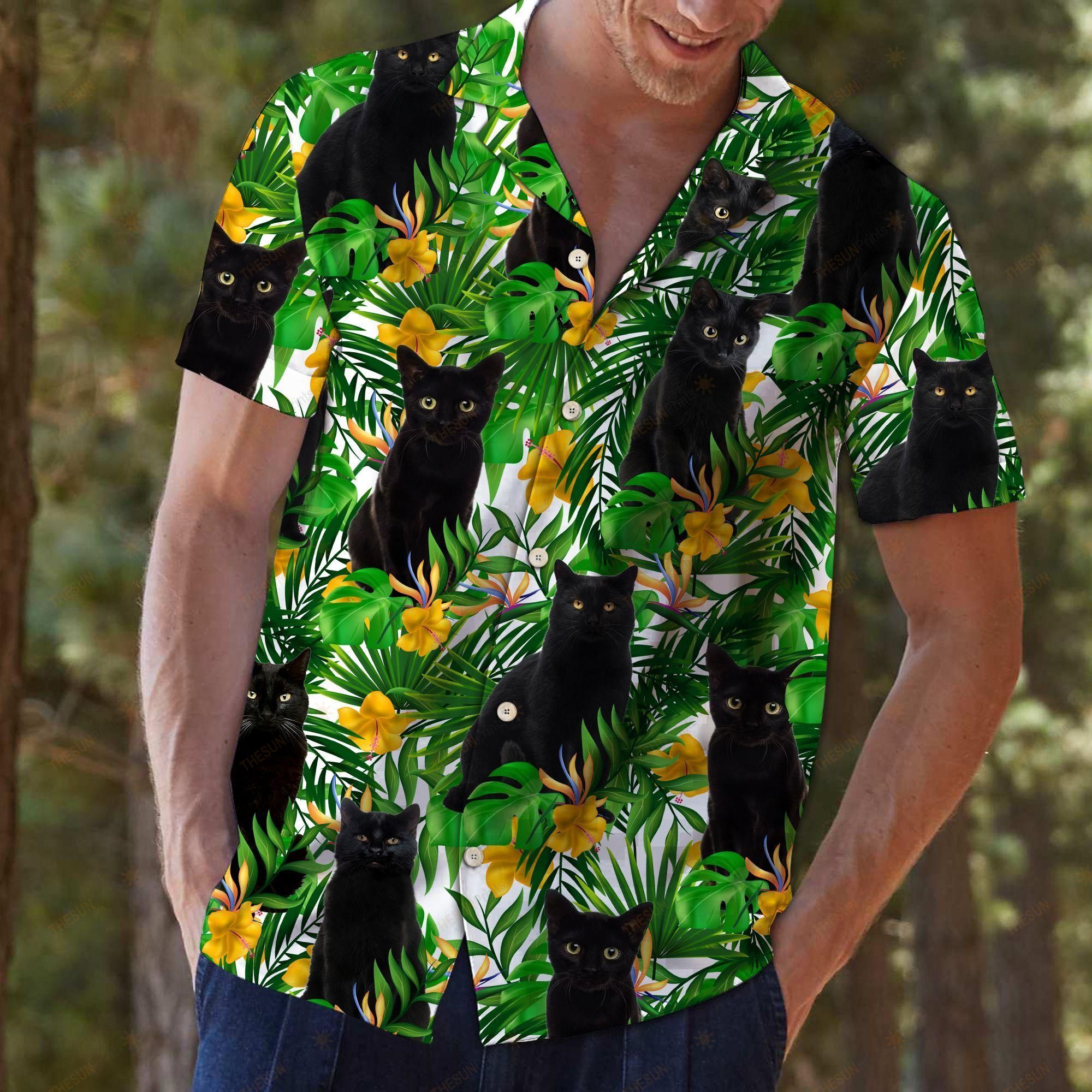 Black Cat Tropical Wild Flowers Hawaiian Shirt Ha13610