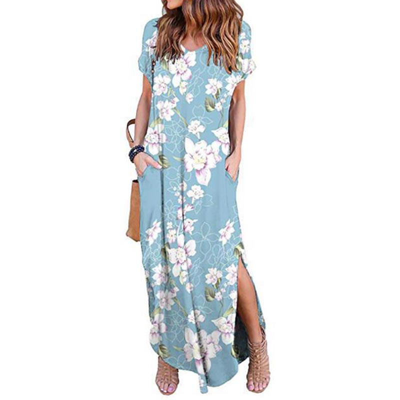 Women Oversized Long Dress Vintage Short Sleeve Solid Maxi Split Floral Dress Casual T Shirt Dress Summer Loose Beach Sundress alx