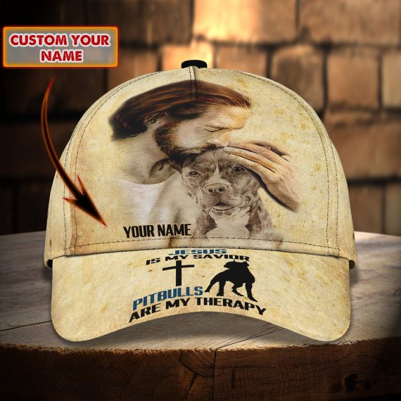 Jesus Is My Savior Pitbulls Is My Therapy Personalized Name All Over Print Classic Cap For Dog Lovers