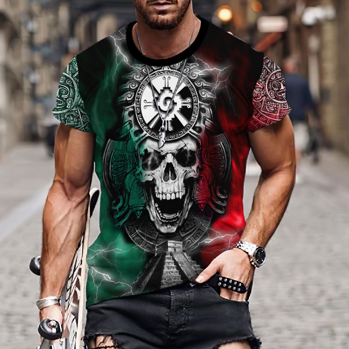 Mexican Maya Hunab Ku Skull 3D All Over Printed T-Shirt, Skull Shirt, Mexico Flag Shirt