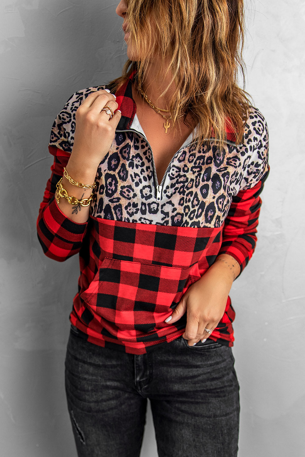 Buffalo Plaid Leopard Splicing Zipper Collar Pullover Sweatshirt