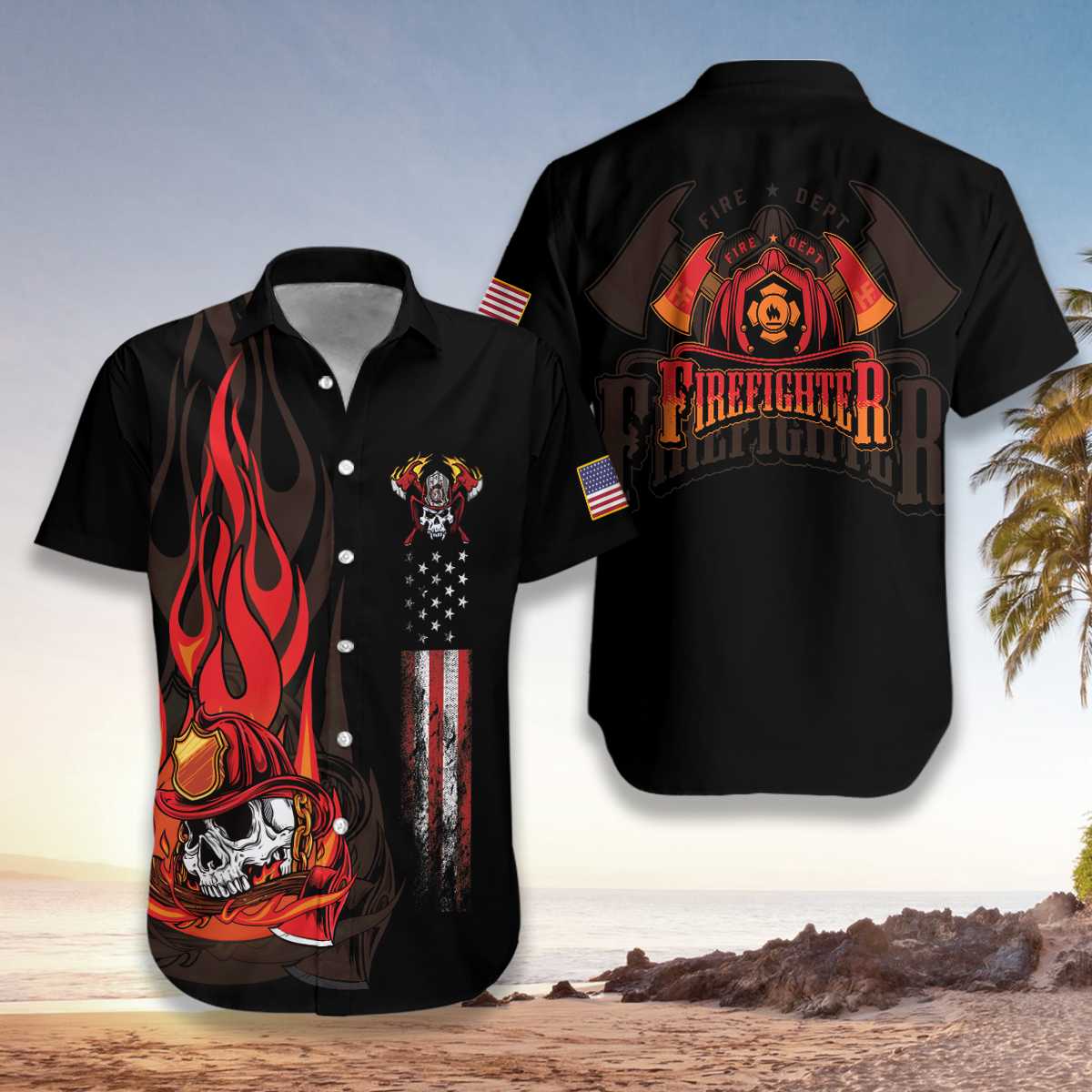 Firefighter Skull Flame Hawaii Unisex Print Aloha Short Sleeve Casual Shirt Ha39228