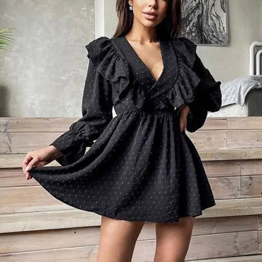 2022 New Elegant Women Dress Autumn Ruffle Dress Women Cotton V-Neck Puff Sleeve A-Line Skirt Midi Dress Holiday Beach Vestido alx