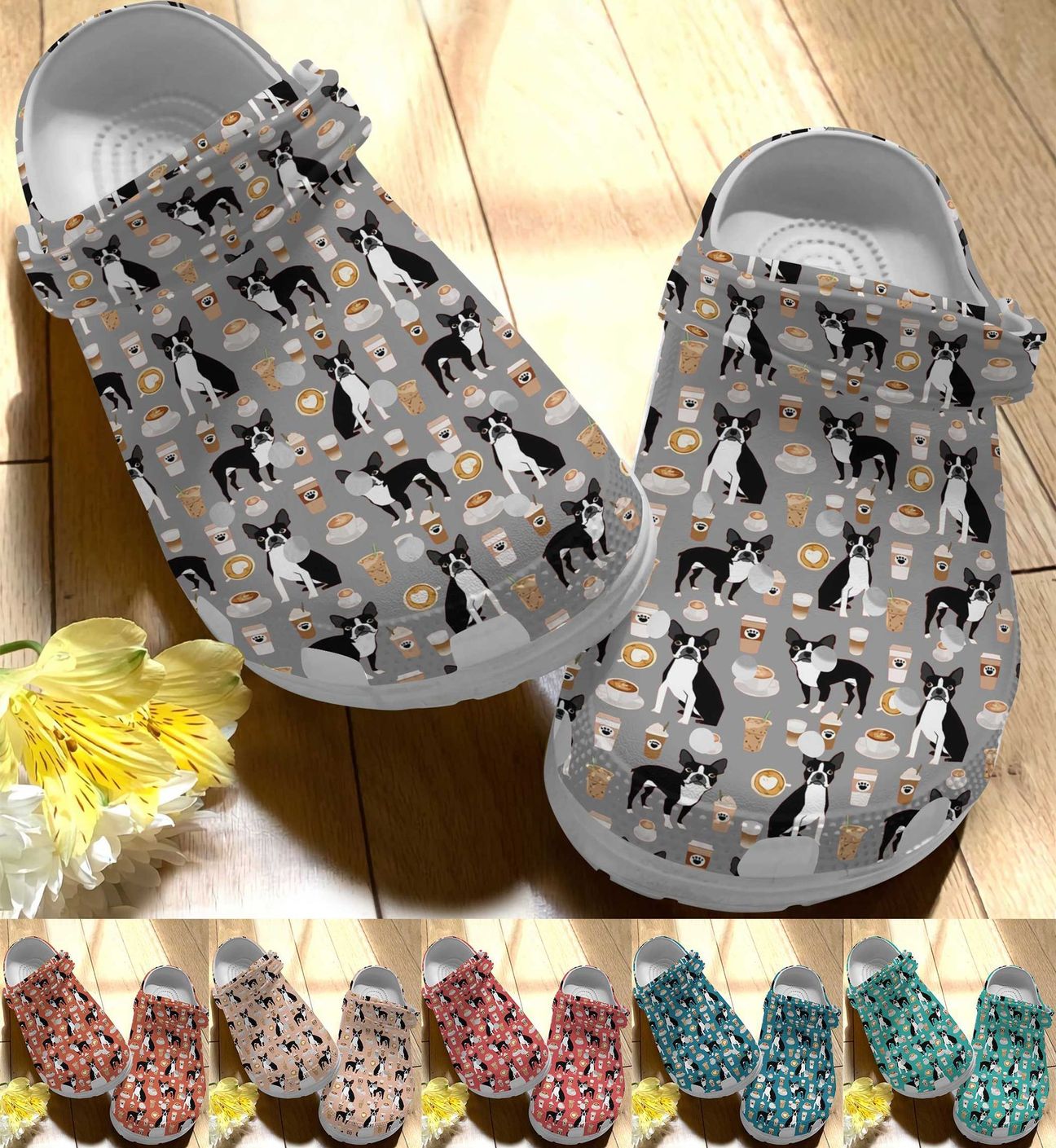 Boston Terrier Personalize Clog, Custom Name, Text, Fashion Style For Women, Men, Kid, Print 3D Whitesole Boston Terrier And Coffee