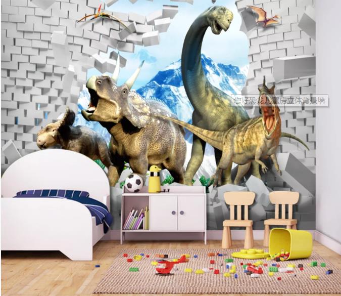 3D Green Dinosaur Broken Brick Wall Mural Wallpaper 36