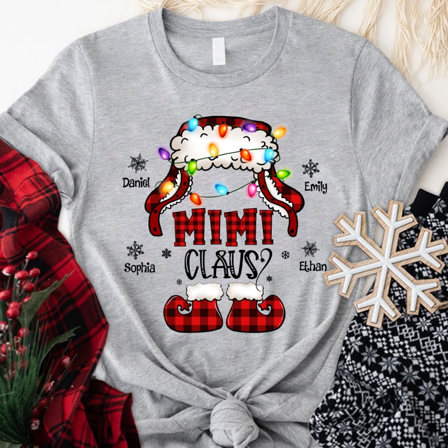 Personalized Mimi Claus Christmas Shirt, Christmas Grandma Nana Mimi Shirt Custom Kidnames, Red Plaid Mimi Shirt Custom Names for Xmas 2022