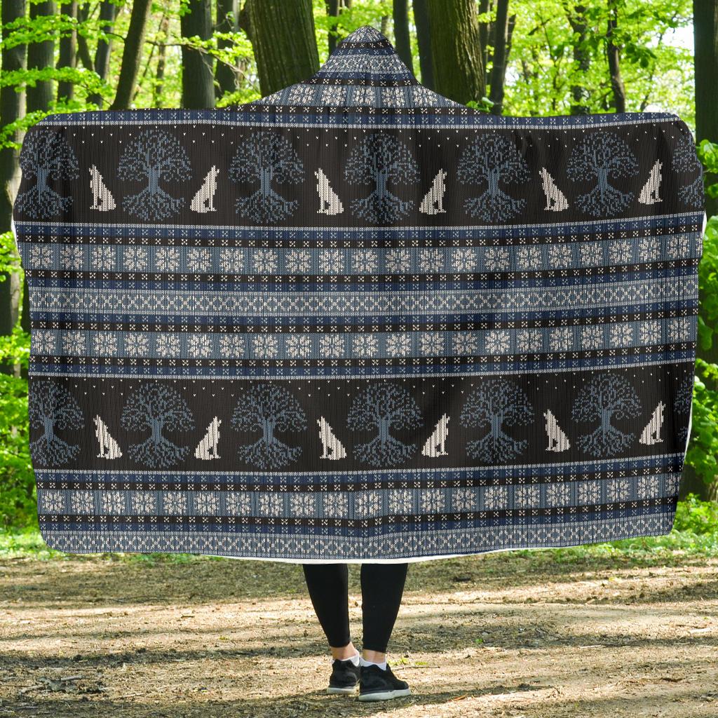 Wolf Tree Of Life Knit Design Print Hooded Blanket