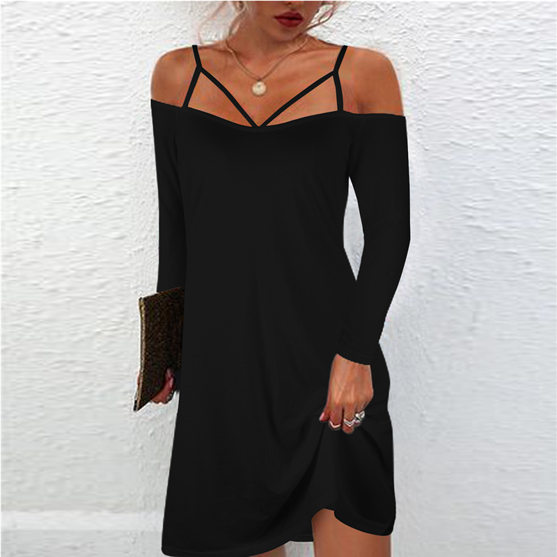 Autumn New Women’s Fashion Solid Color Suspender Long-Sleeved Dress 2022 Sexy Off-The-Shoulder Stitching Loose A-Line Skirt alx
