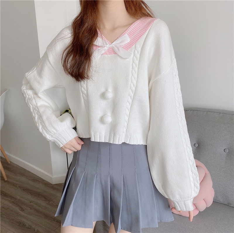 Candy Color Preppy Style Women Pullover Sweater V Neck White Pink Blue Sweet Sweater Cute Kawaii Bow Short Sweater Crop Top alx