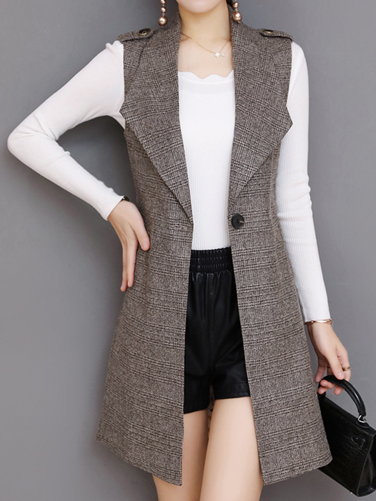 Sungtin Classic Plaid Long Blazer Vest Women Sleeveless Jacket Elegant Office Lady Coat Female Waistcoat Causal Suits Y2K alx