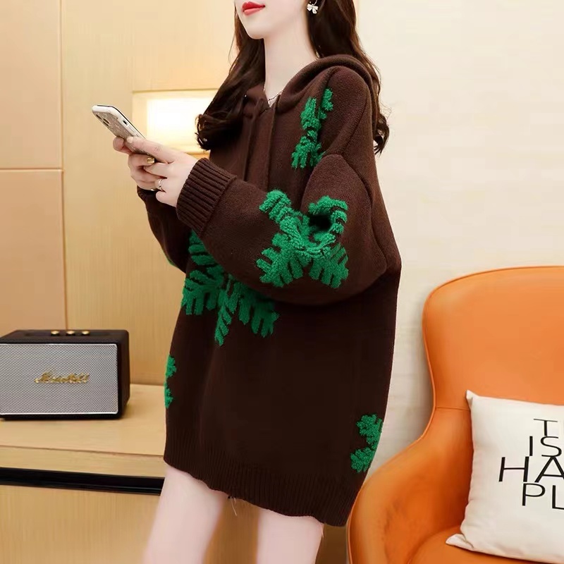 Christmas New Year Vintage Thick Jacquard Embroidered Sweater Women’s Hooded Mid-Length Christmas Sweater Loose Knitted Sweaters alx