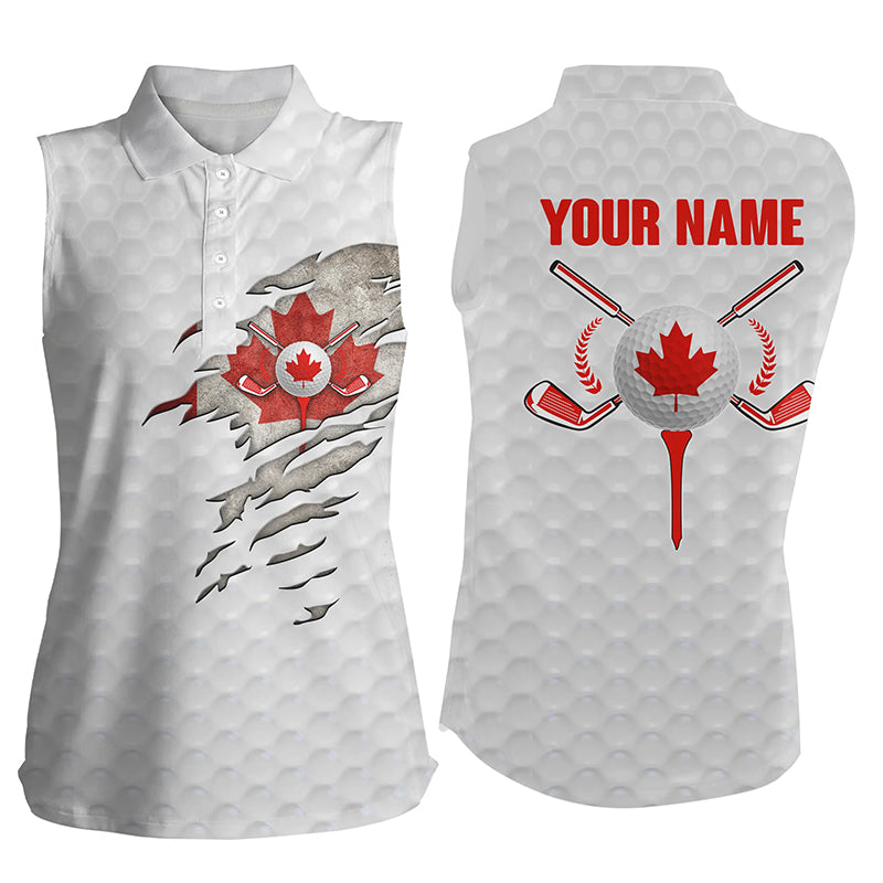 Canadian Flag White Golf Ball Skin Womens Sleeveless Polo Shirt, Custom Ladies Sleeveless Golf Shirt