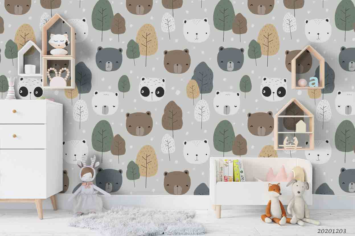 3D Cartoon Panda Bear Animal Autumn Tree Plant Wall Mural Wallpaper Lxl