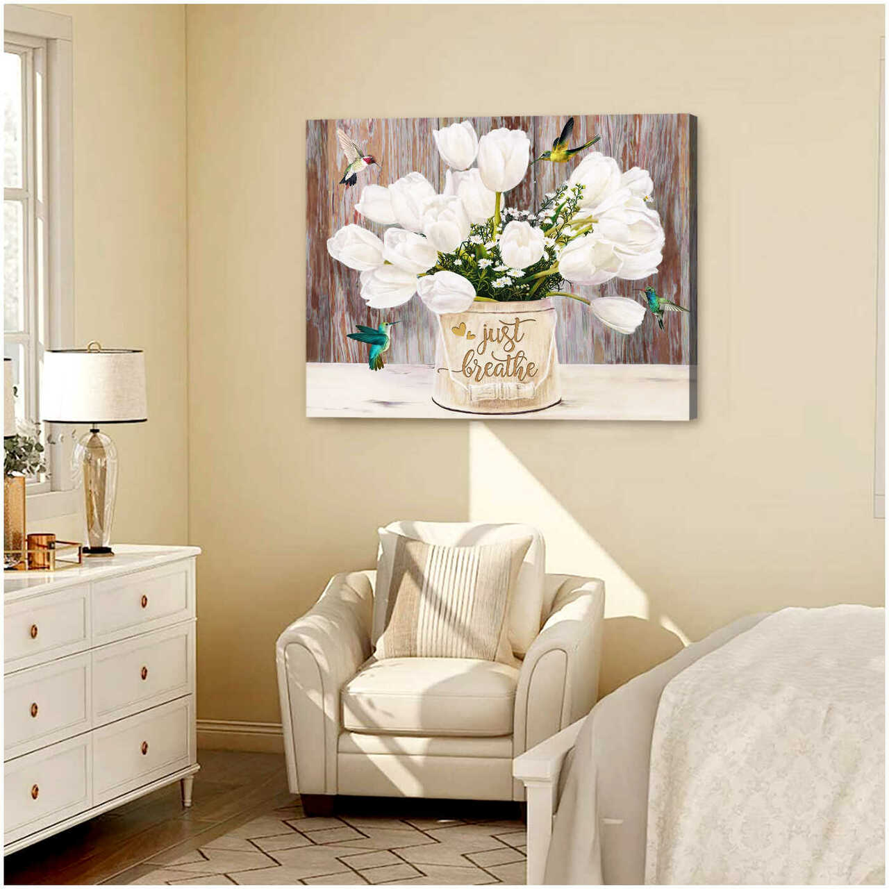 Tulips And Hummingbird Just Breathe Sign Canvas Wall Art Decor