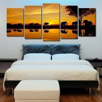 Elephant Walk 1 Animal 5 Panel Canvas Art Wall Decor