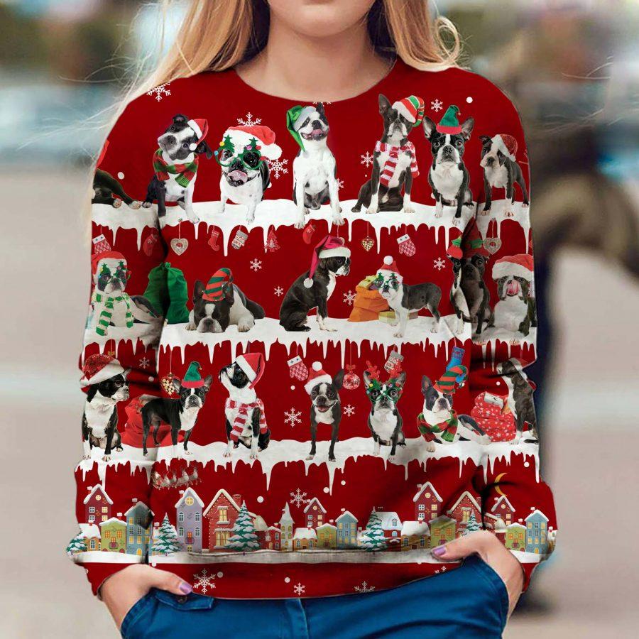 Boston Terrier – Snow Christmas – Premium Dog Christmas Ugly Sweatshirt, Dog Ugly Sweater