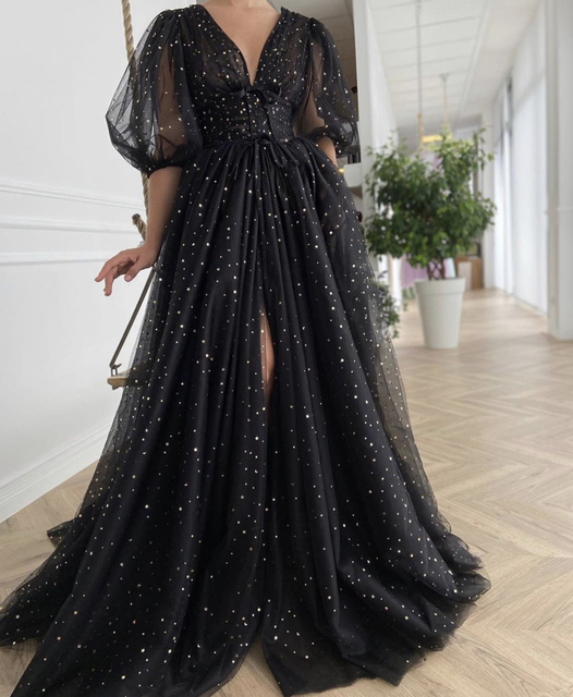 Black Starry Evening Dress 2021 Sparkly A-Line V-Neck Puffy Half Sleeves Side Slit Pleat Tulle Sweep Train Party Prom Gown alx