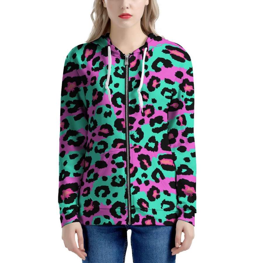 Teal Pink Leopard Women’s Zip Up Hoodie