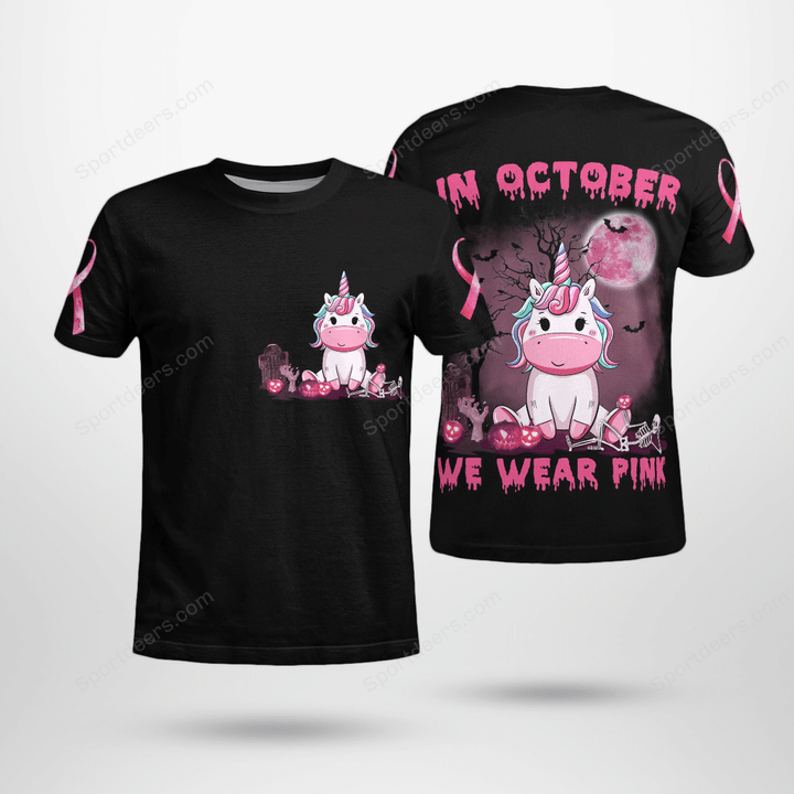 99 Unicorn In October We Wear Pink Short Sleeve Shirt Tm Halloween Pumpkin Gift Tm