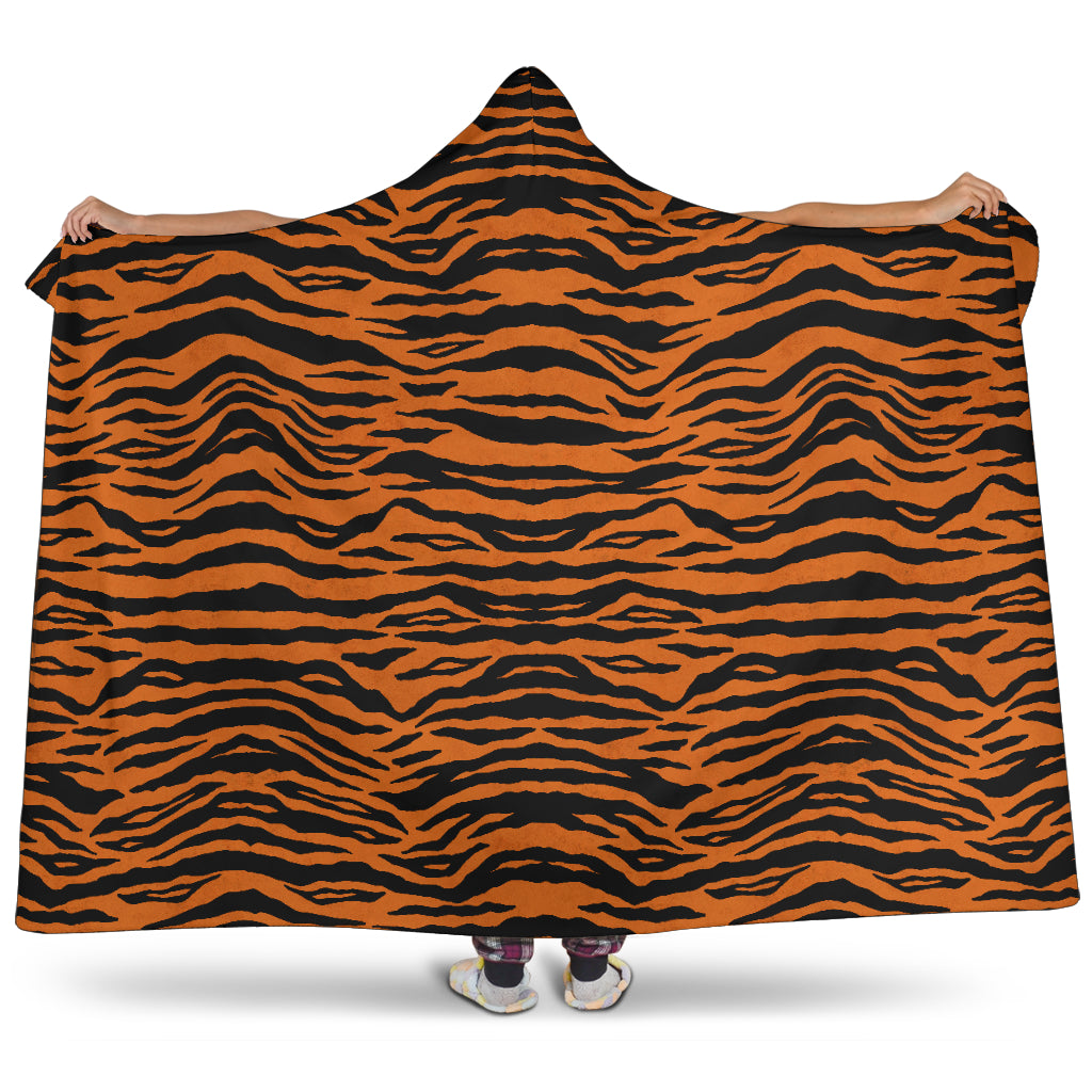 Tiger Print Orange Hooded Blanket With Sherpa Lining Animal Skin