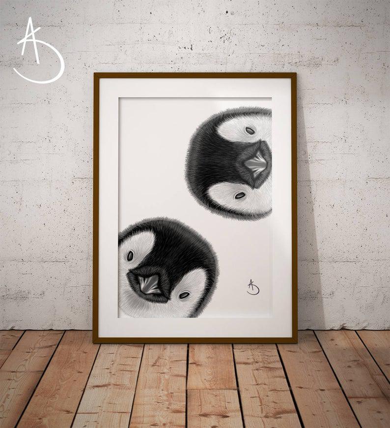 Cute Curious Penguin, Penguin Decor, Curious Penguin Print, Printable Penguin Poster