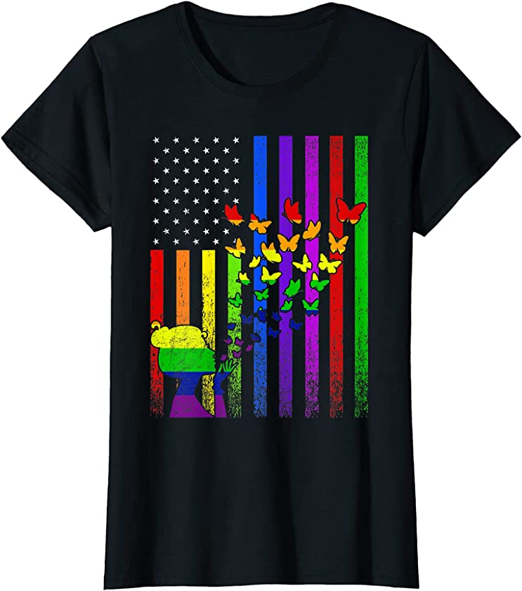 Womens LGBTQ Mom Butterfly Vintage Rainbow Flag T-Shirt