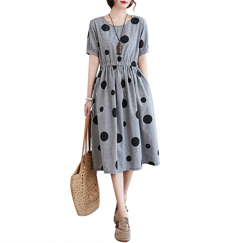 2022 New Arrival Short Sleeve Loose Summer Dress Cotton Print Dot Slim Office Lady OL Work Dress Women Travel Casual Midi Dress alx