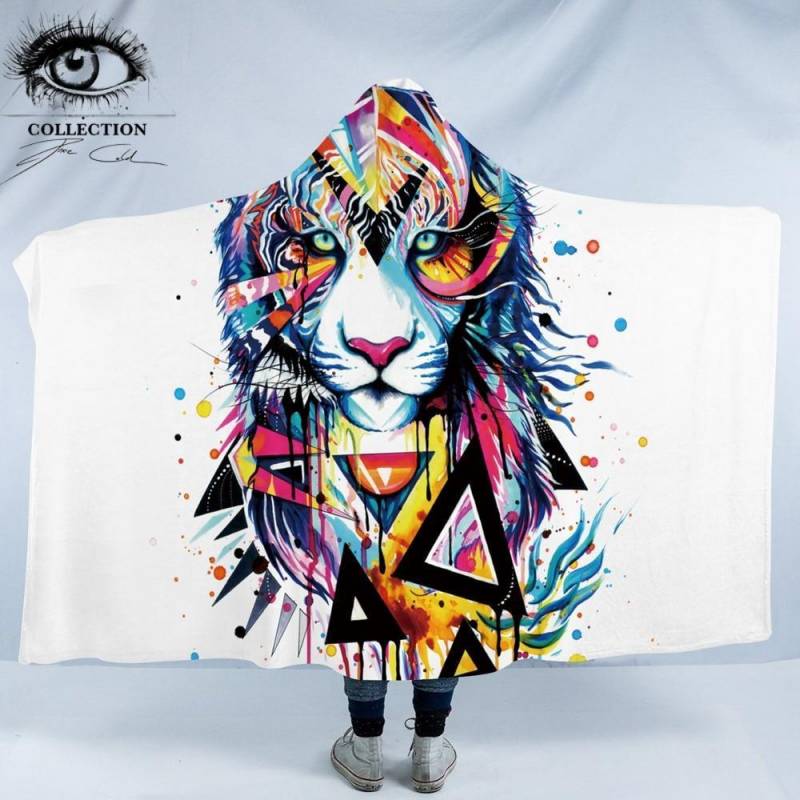 Shattered Tiger by Pixie Cold Art Hooded Blanket Watercolor Animal Soft Sherpa Fleece Geometric Wearable Throw Blanket Bedding