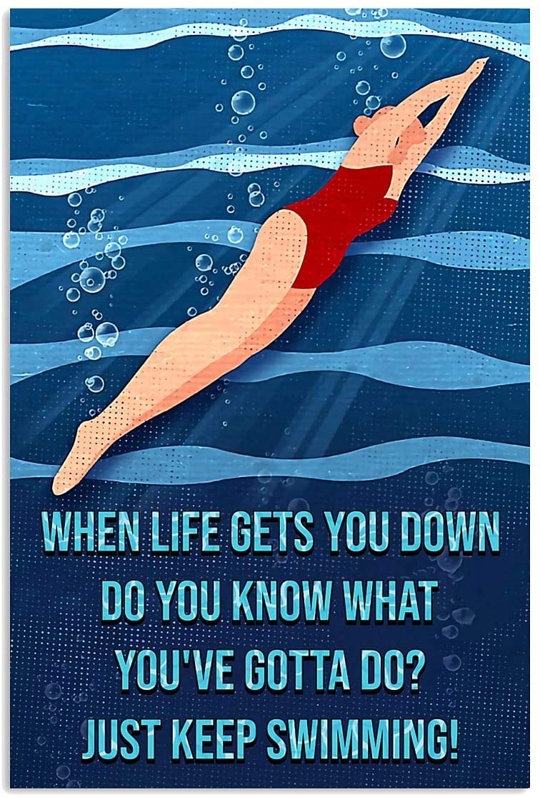 Vintage Girl Swimmer When Life Gets You Down Just Keep Swimming Poster Art Print      Home Decor Gift For Men Women Family Friend On Birthday Xmas