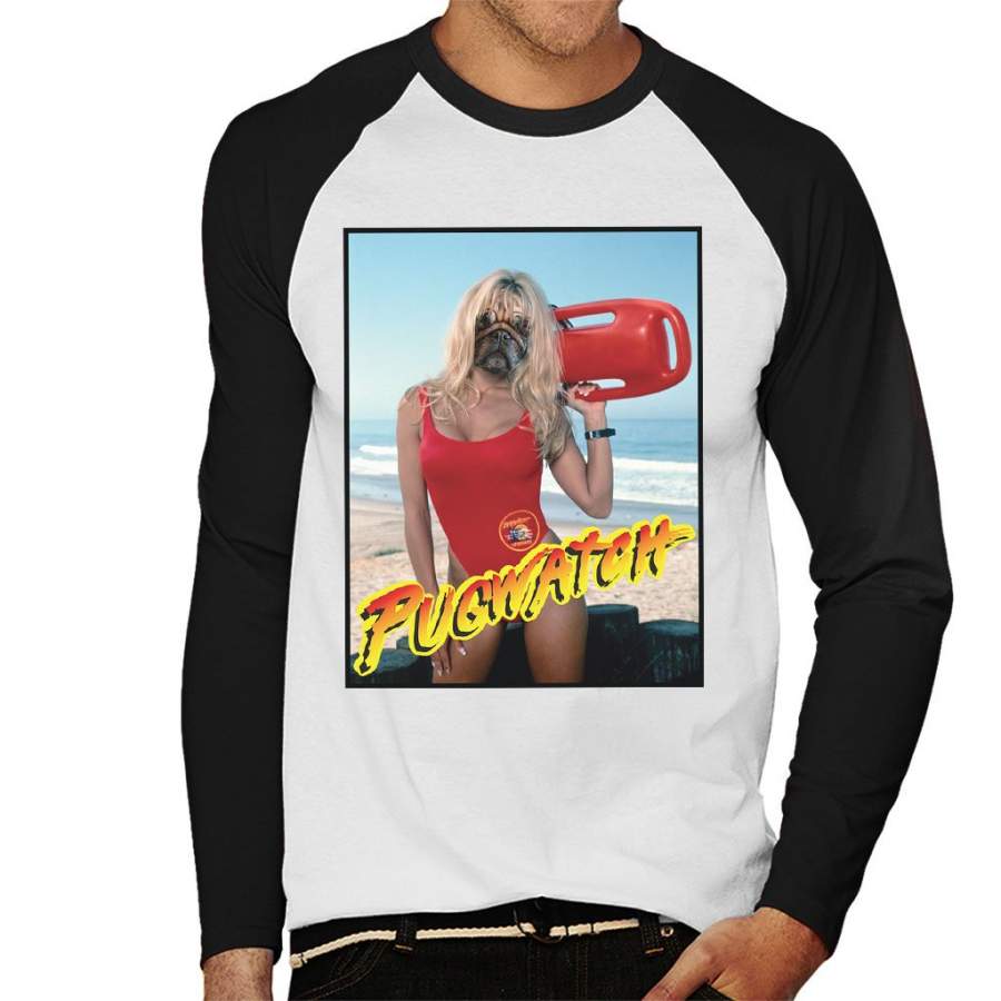 Baywatch Pug Watch Parody Men’s Baseball Long Sleeved T-Shirt