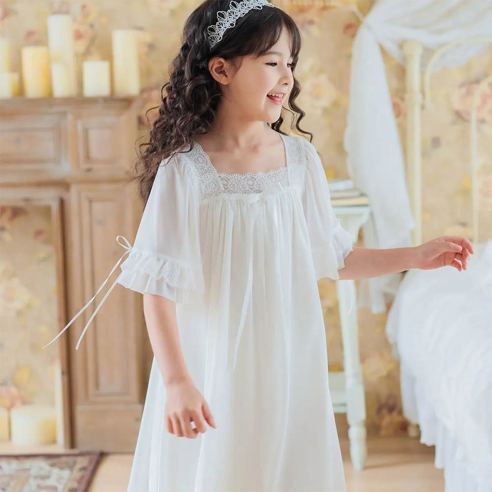 2022 New Spring Summer Girls Princess Nightdress Shortsleeve Long Homewear Girls Lace Mesh Modal Pajamas for 4-13 Years Old alx