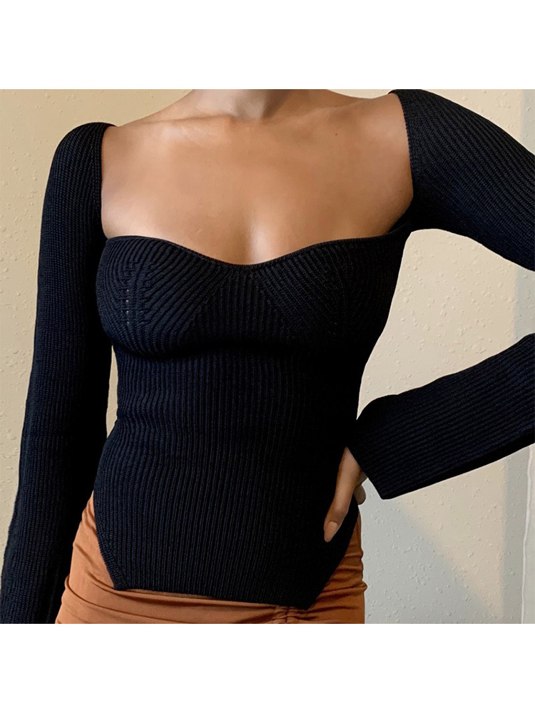 Square Collar Long Sleeve Women Sweater Spring Autumn Korean Fashion Sexy Off Shoulder Pullover Black White Knitwear Y2K Clothes alx