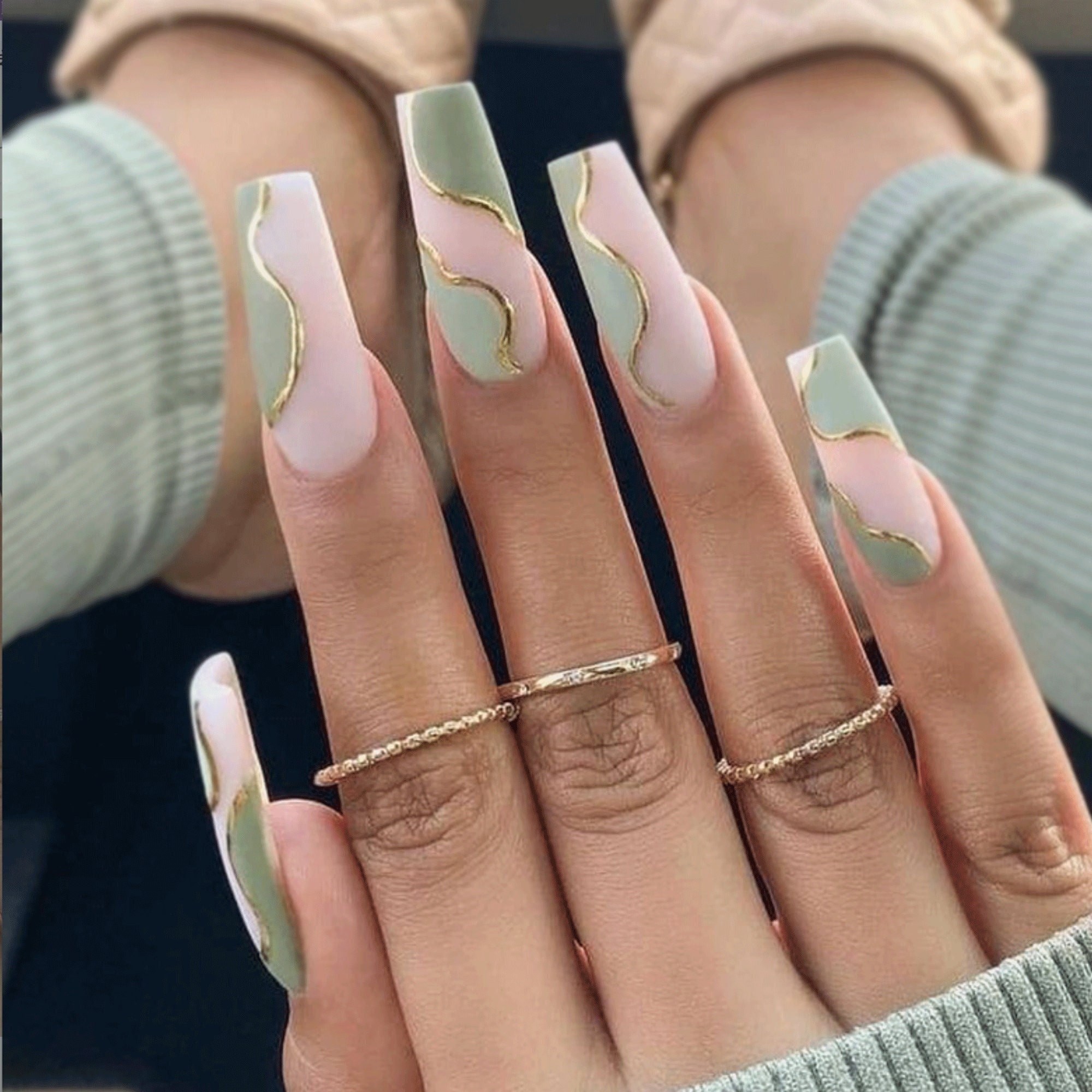 24 pcs Im Cute Green Sage Gold Pink Nail Press On- Coffin Nails- Press On Nail Short- Fake Nail Short- Glue On Nails- Press On Long Coffin