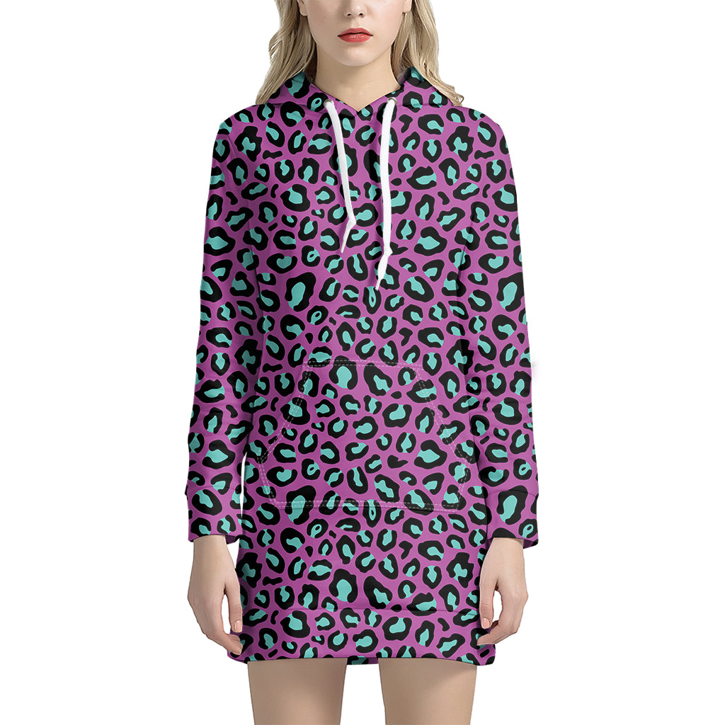 Purple And Teal Leopard Pattern Print Women’S Pullover Hoodie Dress