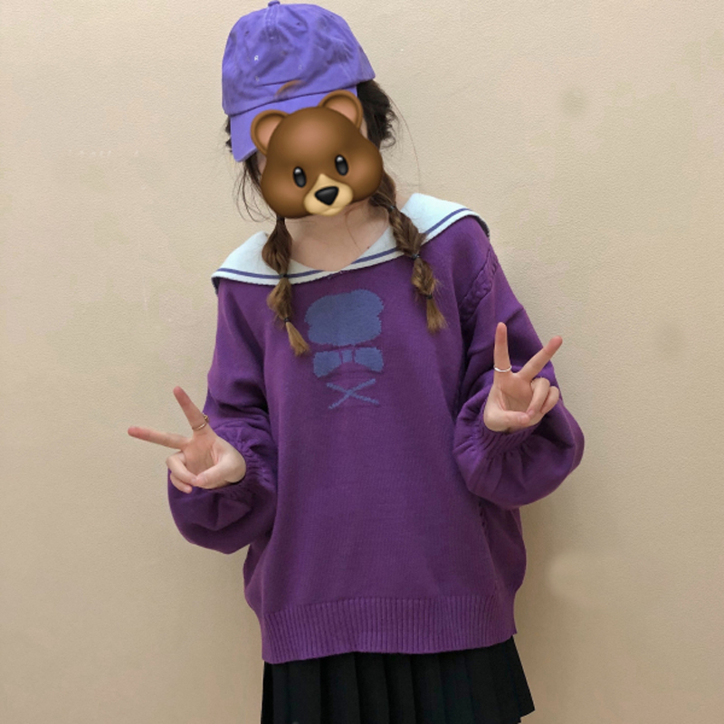 Autumn Harajuku Kawaii Oversized Sweater Girls Purple Knitted Top Women Jumper 2021 Winter White Vintage Cute Bear Soft Pullover alx