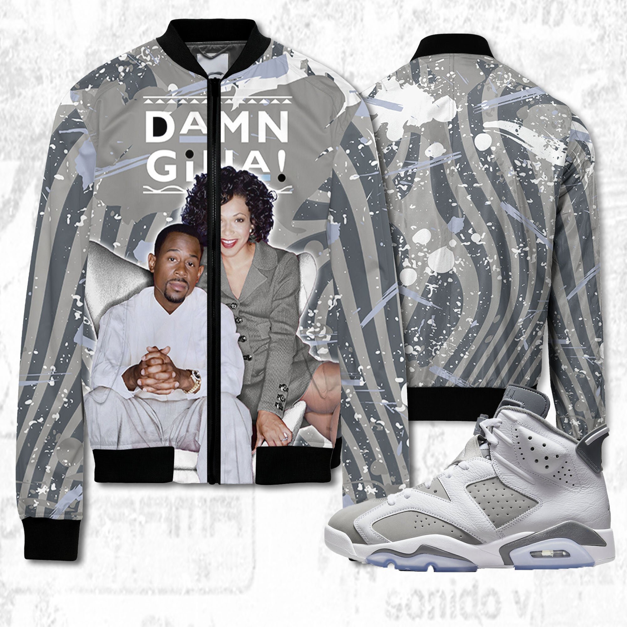 Damn Gina 3D Humor 90s Unisex jacket match Jordan 6 Cool Grey Jordan Jordan MatchBomber
