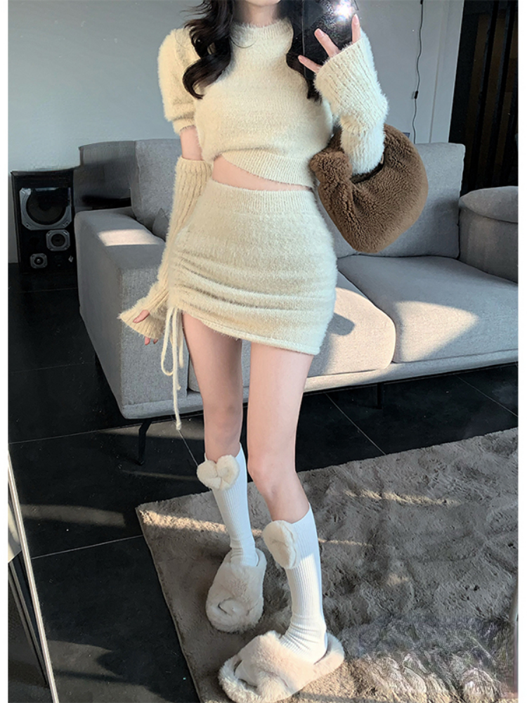 2022 Y2k Autumn Elegant Fashion Knitted Two Pieces Set Women Short Sleeve Sweater Tops + Drawstring Mini Skirts Harajuku Outfits alx