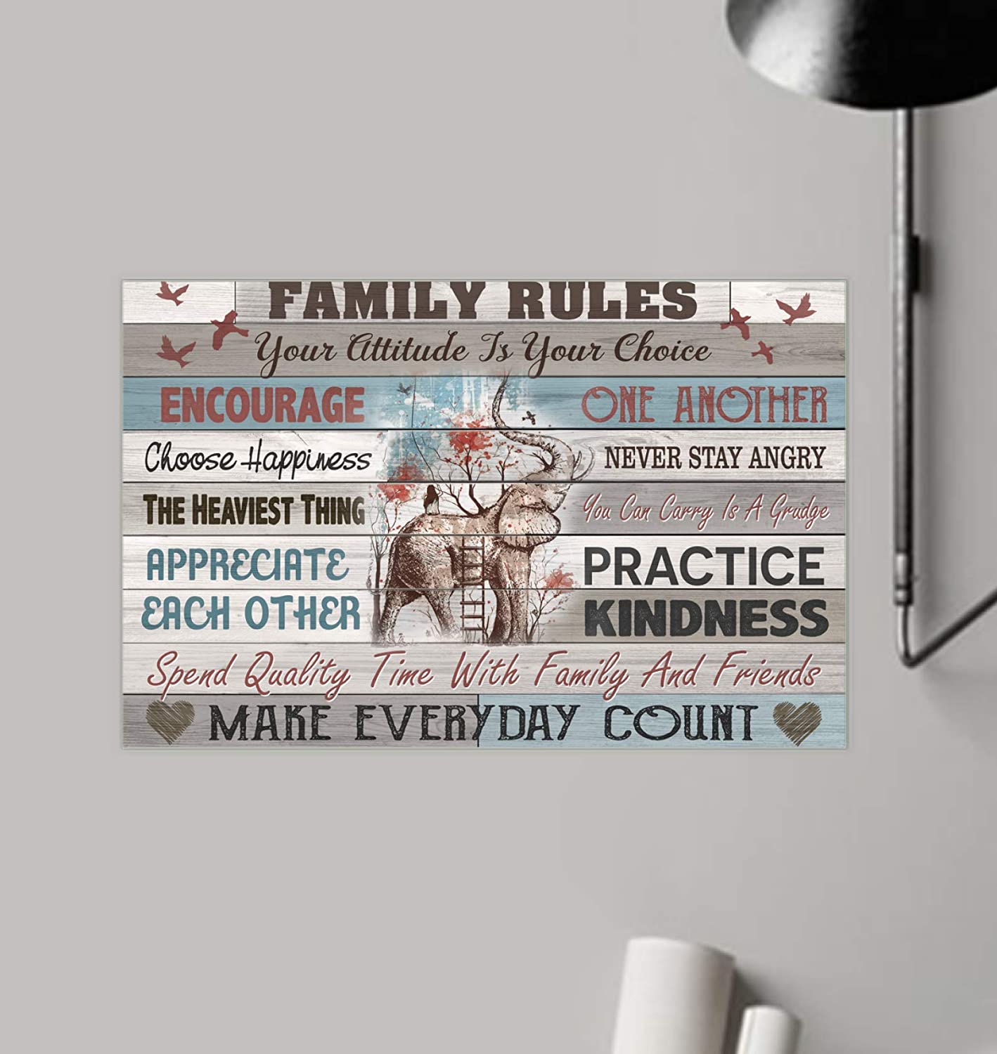 Vintage Elephant – Family Rules Make Everyday Count Practice Kindness Poster Art Print      Home Decor Gift For Men Women Family Friend On Birthday Xmas