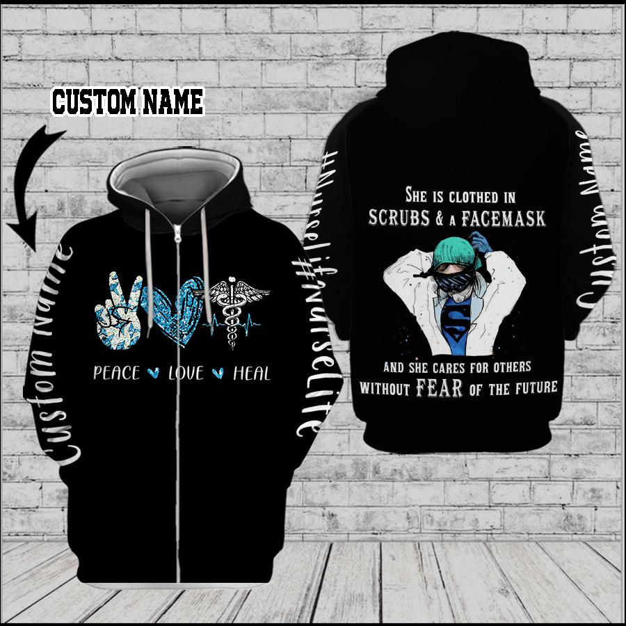 She is clothed in Scrubs & a FM and she cares for others without Fear of the future 3D Custom Hoodie