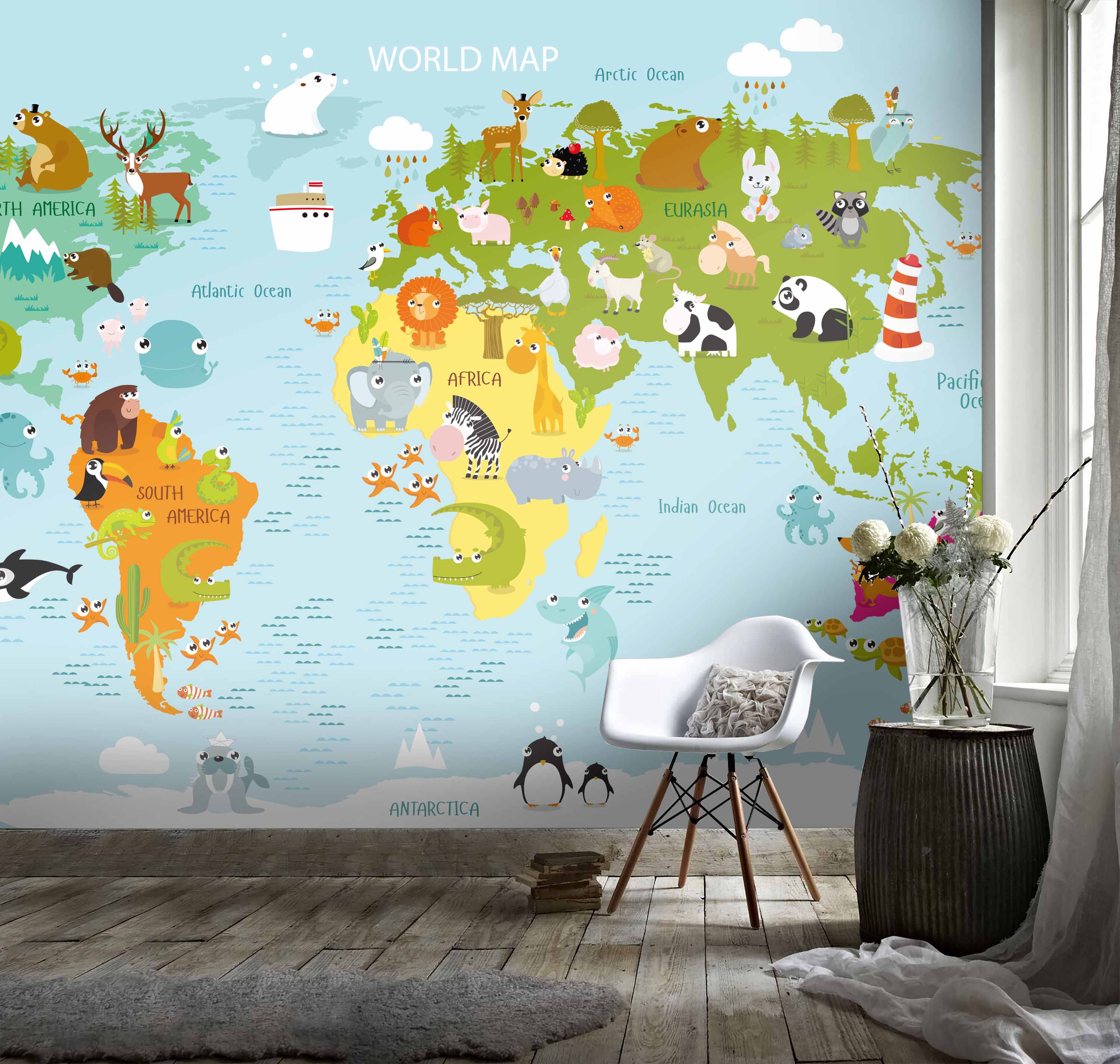 3D Cartoon Animal World Map Wall Mural Wallpaper 116