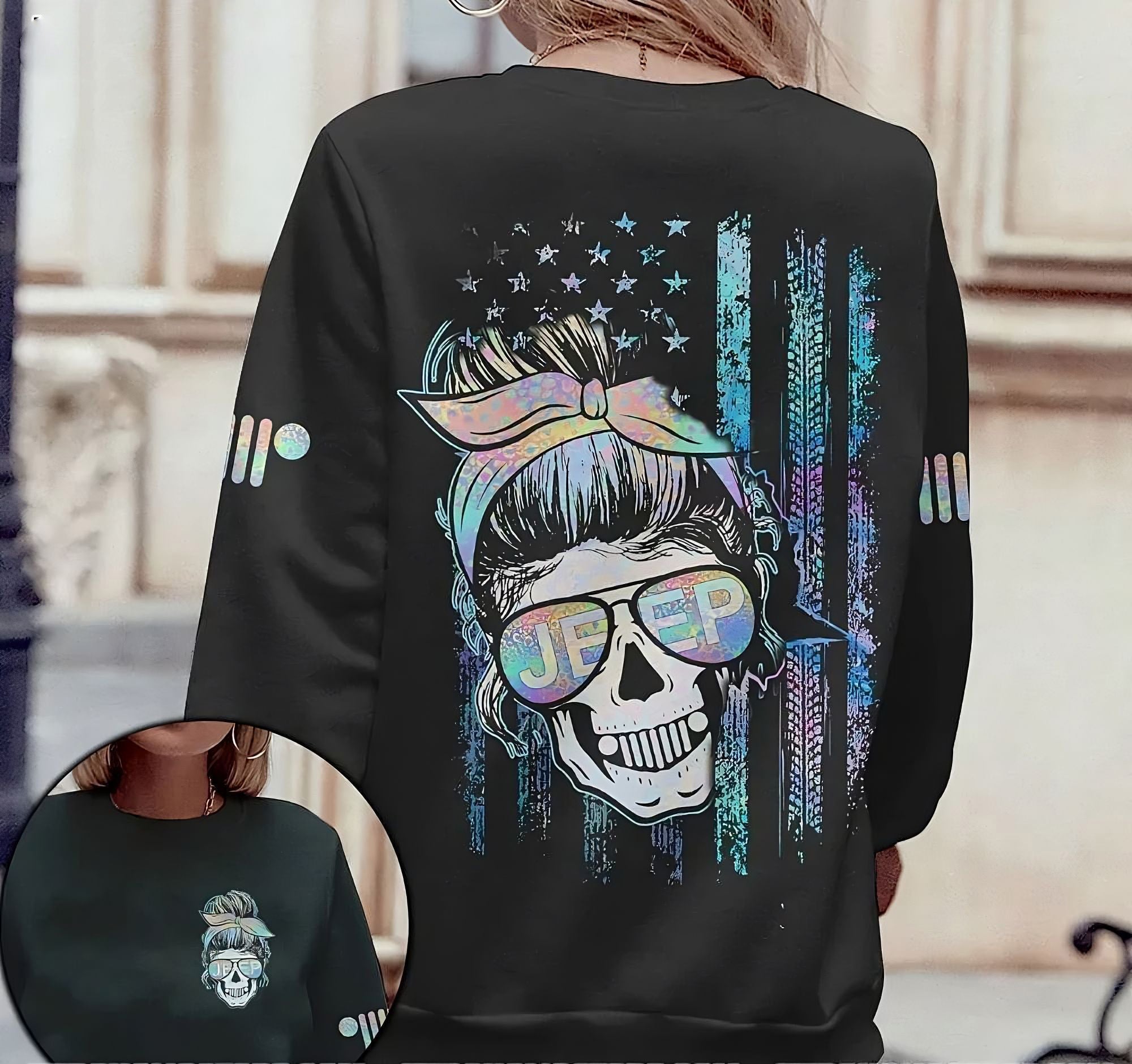 Jeep Skull Girl Crack Flag Holo All Over Print Sweatshirt