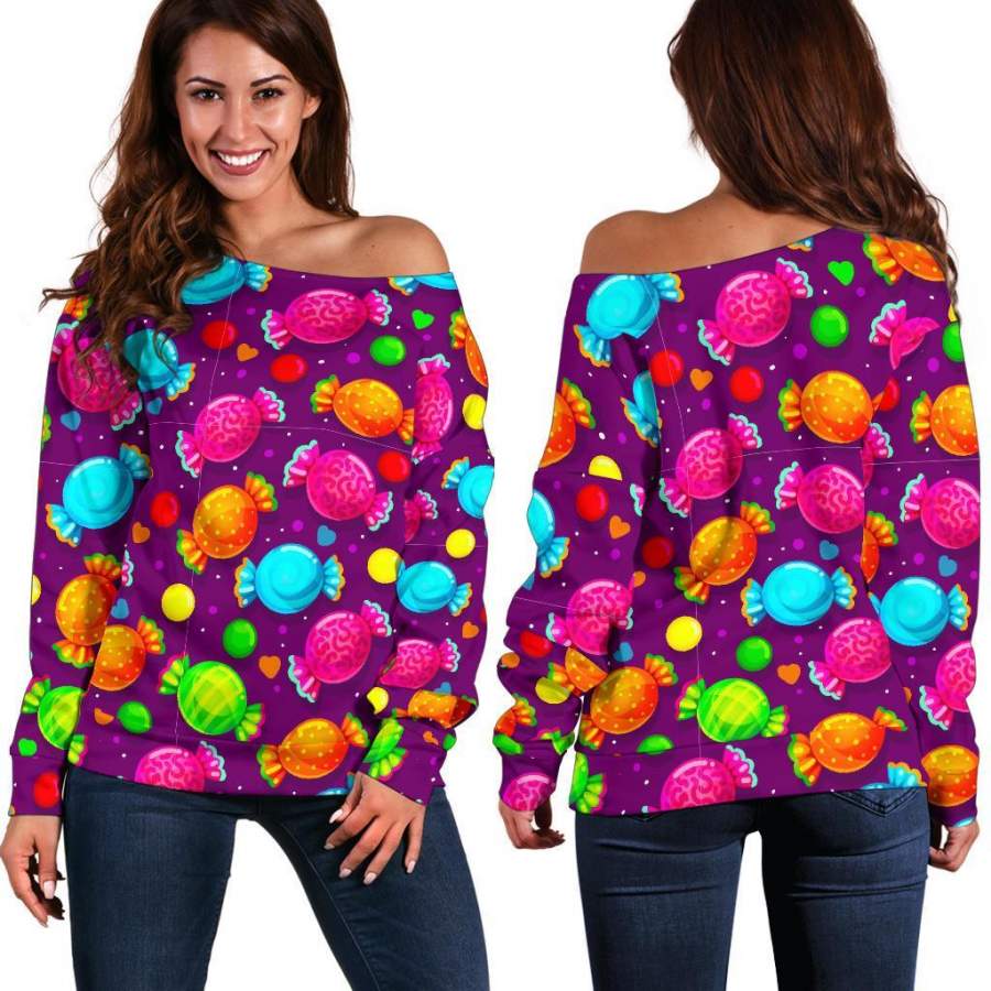 Toffee Candy Pattern Print Women Off Shoulder Sweatshirt