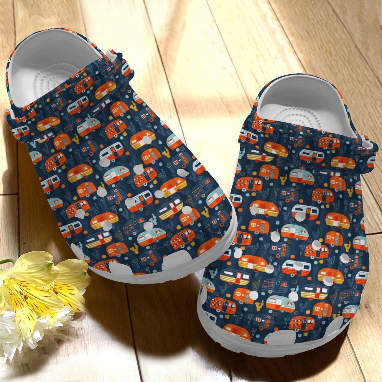 Camping Personalize Clog, Custom Name, Text, Fashion Style For Women, Men, Kid, Print 3D Whitesole Camping Van Pattern