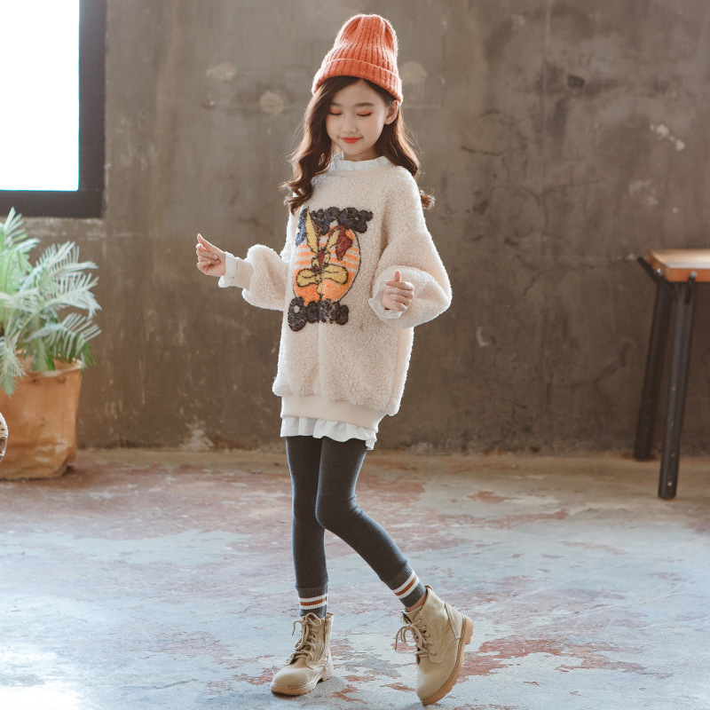 Soft Winter Spring Autumn Sweater Warm Kids Girl Plus Velvet Lamb Wool Pink Beige Outfits Baby Boutique Toddler Sports Children alx