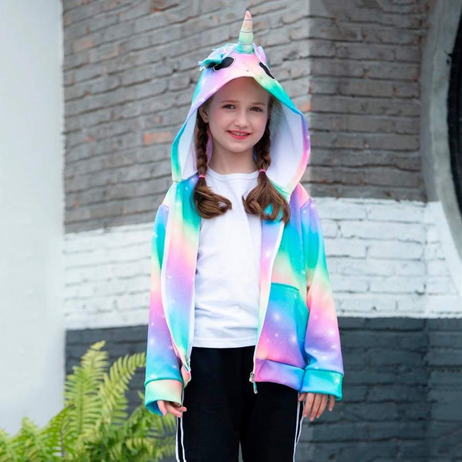 6-14 Years Rainbow Unicorn Hooded Zipper Hoodies