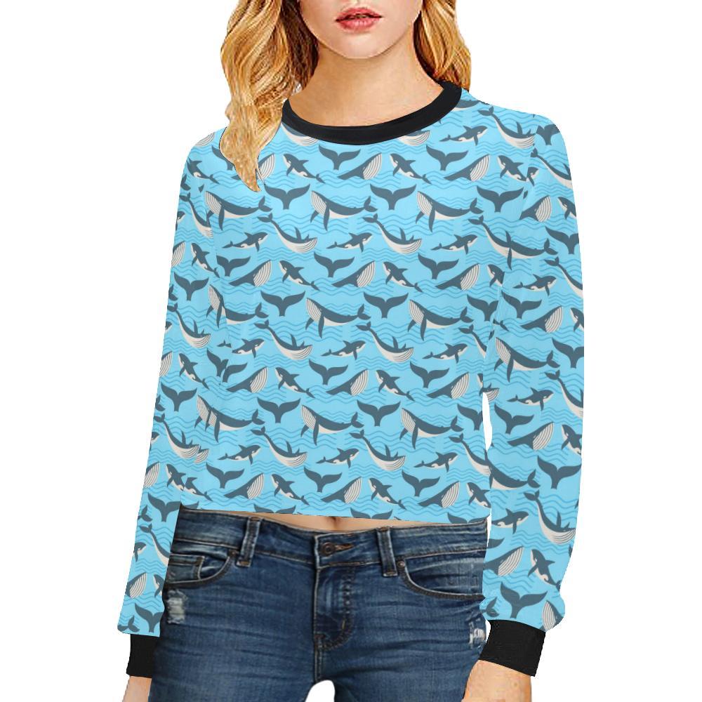 Whale Pattern Design Themed Print Cropped Pullover Sweatshirt