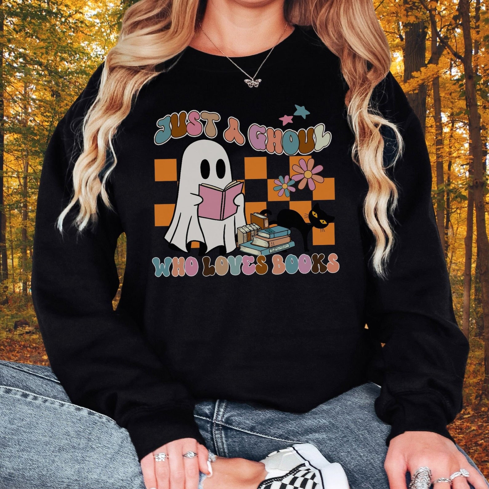 Halloween Retro Ghost Book Lover 2D Crewneck Sweatshirt All Over Print Sweatshirt For Women Sweatshirt For Men