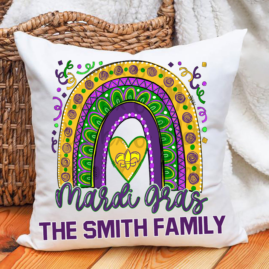 Personalized Mardi Gras Rainbow Pillows, Custom Family Name Mardi Gras Pillows For Bedroom