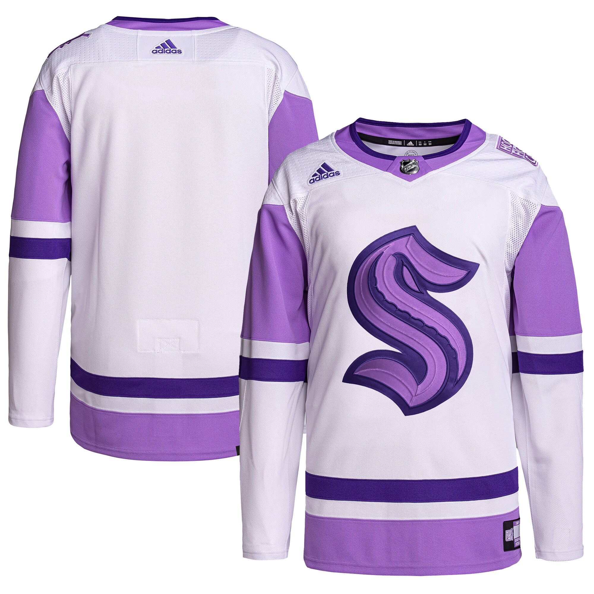 Men's Seattle Kraken adidas White/Purple Hockey Fights Cancer Primegreen Authentic Blank Practice Jersey